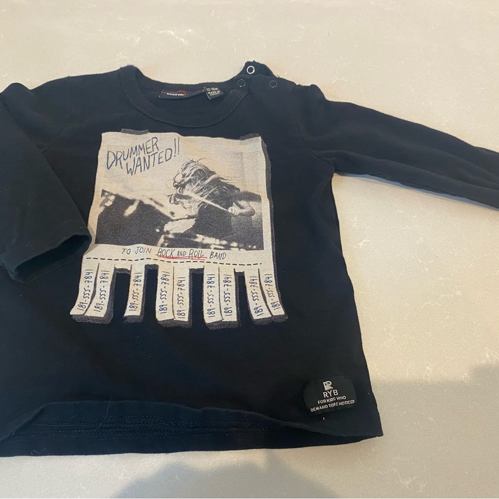 Rock Your Baby 12-18 month black long sleeve “drummer wanted” tshirt